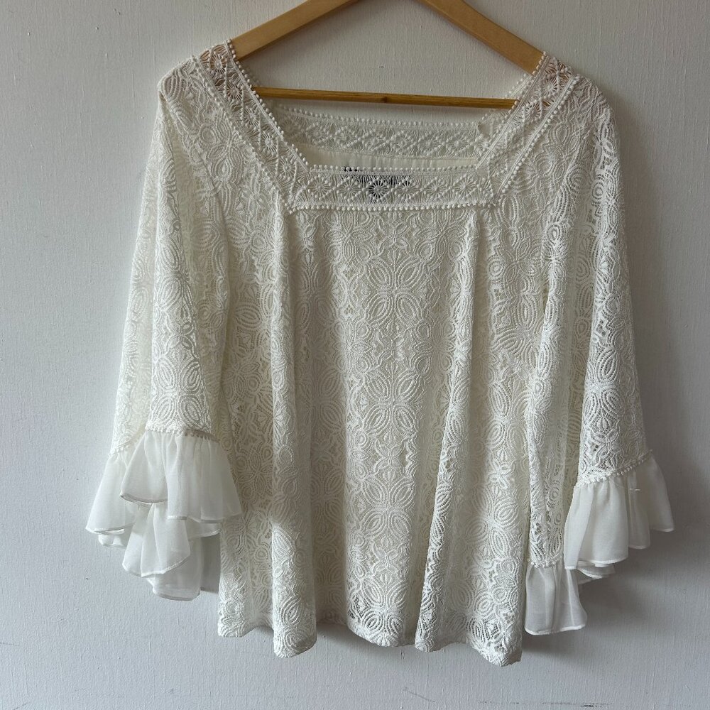 White House Black Market Boho Fairy Blouse Womens Large White Square Neck Lace